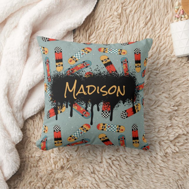Retro Skateboard Blue Cool Pattern Custom Name Throw Pillow (Blanket)