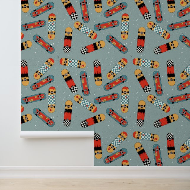 Retro Skateboard Blue Cool Pattern Kids Wallpaper (Application)