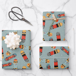 Retro Skateboard Blue Cool Pattern Wrapping Paper Sheets