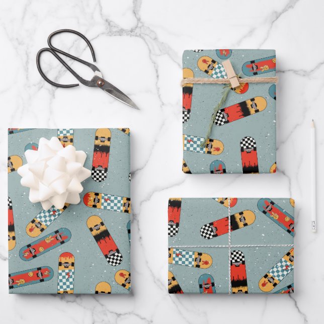 Retro Skateboard Blue Cool Pattern Wrapping Paper Sheets (Front)