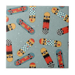 Retro Skateboard Blue Cool Seamless Pattern Ceramic Tile