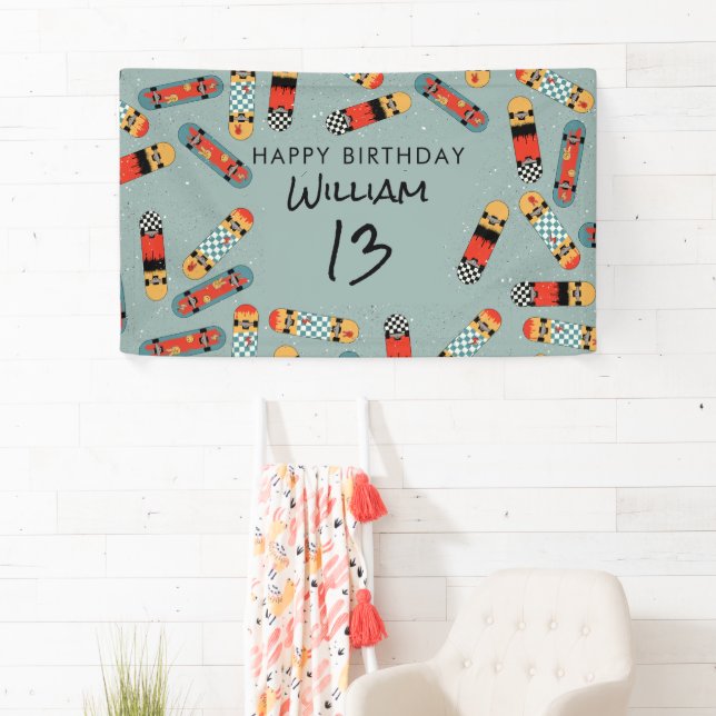 Retro Skateboard Blue Cool Skateboarding Birthday Banner (Insitu)