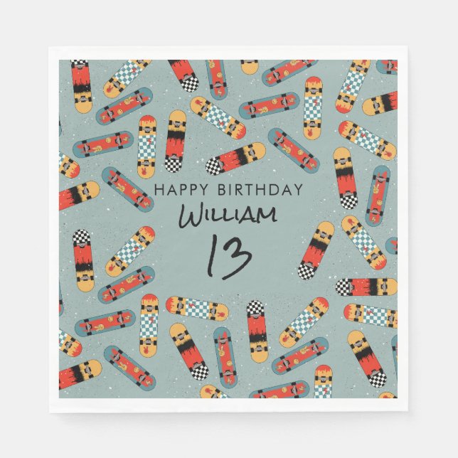 Retro Skateboard Blue Cool Skateboarding Birthday Napkins (Front)