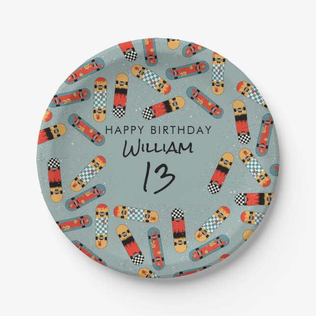 Retro Skateboard Blue Cool Skateboarding Birthday Paper Plates (Front)