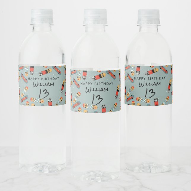 Retro Skateboard Blue Cool Skateboarding Birthday Water Bottle Label (Bottles)
