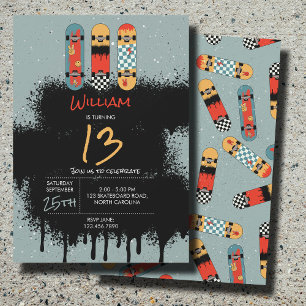 Retro Skateboard Blue Cool Spray Paint Birthday Invitation