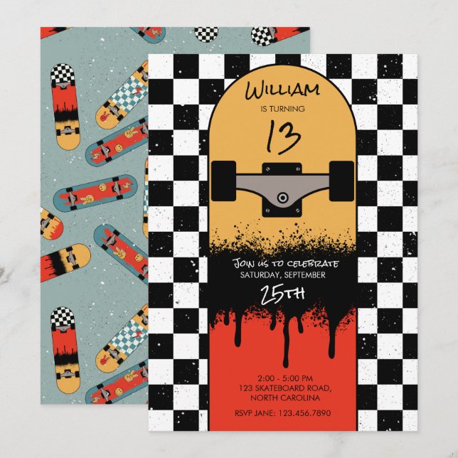 Retro Skateboard Checkered Skateboarder Birthday  Invitation (Front/Back)