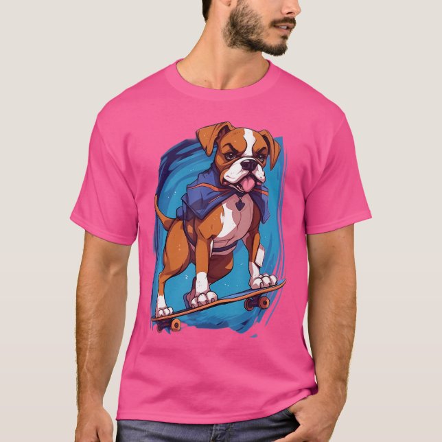 Retro Skateboarding Boxer Dog Skateboard T-Shirt (Front)