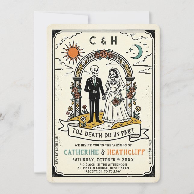 Retro Skeleton Bride and Groom Till Death Wedding Invitation (Front)