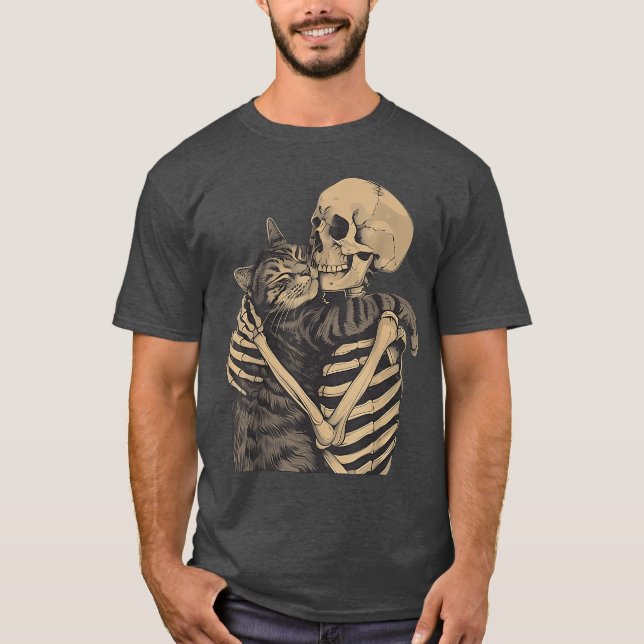 Retro Skeleton Hugging Cat for Cat Lovers Hallowee T-Shirt (Front)