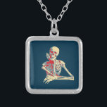 Retro Skeleton Silver Plated Necklace<br><div class="desc">Happy smiling skeleton with his bony hand resting on his chin,  done in retro colors.</div>