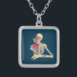 Retro Skeleton Silver Plated Necklace<br><div class="desc">Happy smiling skeleton with his bony hand resting on his chin,  done in retro colors.</div>