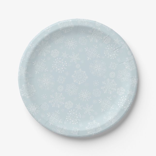 Retro Sketch Frozen Snowflakes on Ice Blue Paper Plates (Front)