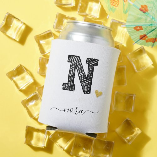 Retro Sketch Monogram Letter N Can Cooler