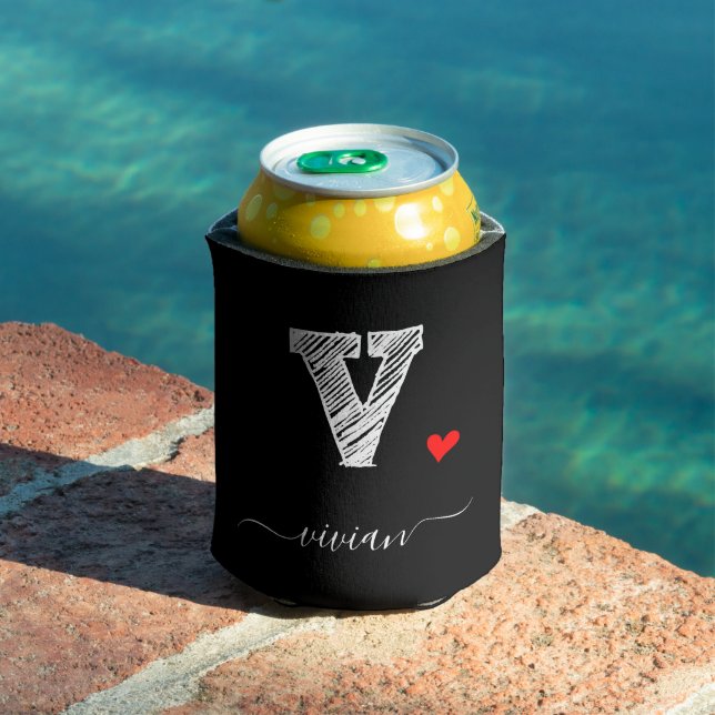Retro Sketch Monogram Letter V, Can Cooler (In Situ Pool)