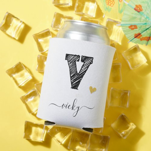 Retro Sketch Monogram Letter V Can Cooler