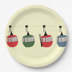 Retro Ski Gondola Lift Skiers Cream Paper Plates