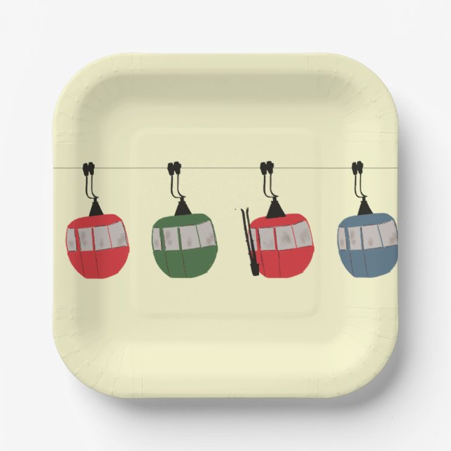 Retro Ski Gondola Lift Skiers Cream Paper Plates (Front)