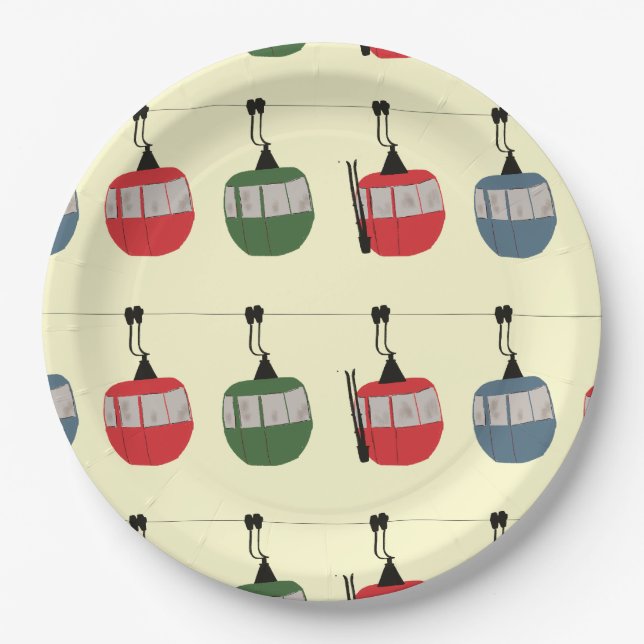Retro Ski Gondola Lift Skiers Cream Paper Plates (Front)