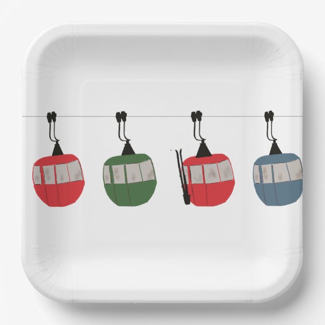 Retro Ski Gondola Lift Skiers  Paper Plates (Front)