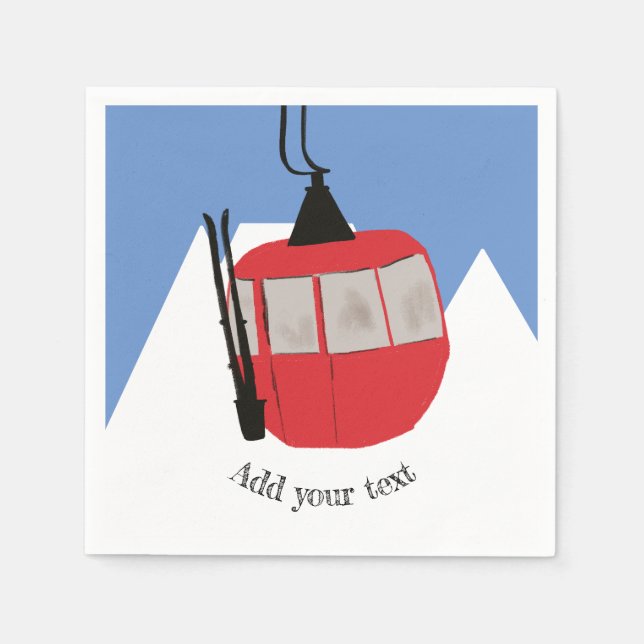 Retro Ski Lift Skiing Snow Mountain Illustration Napkins (Front)