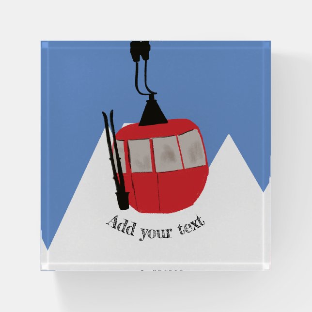 Retro Ski Lift Skiing Snow Mountain Illustration Paperweight (Front)
