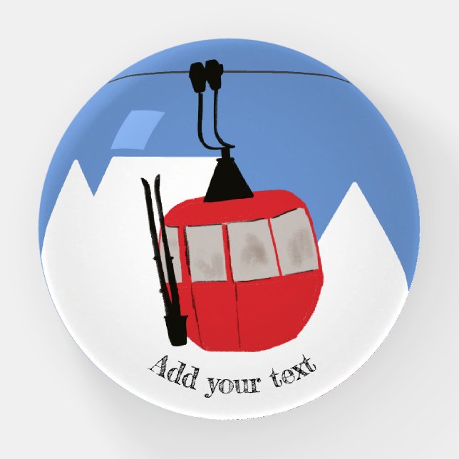 Retro Ski Lift Skiing Snow Mountain Illustration Paperweight (Front)
