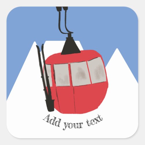 Retro Ski Lift Skiing Snow Mountain Illustration Square Sticker