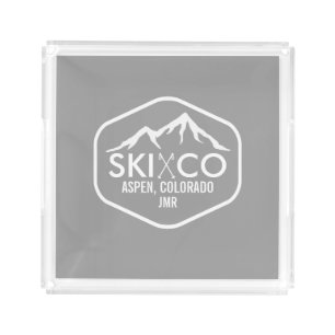 Retro Ski Mountain Aspen Colorado Monogrammed Acrylic Tray