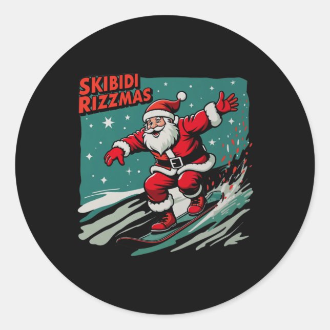 Retro Skibidi Rizzmas Funny Santa Clause Skating B Classic Round Sticker (Front)