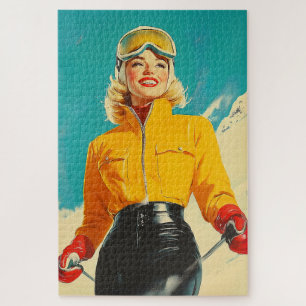 Retro Skiing Glamour Vintage Winter Adventure Jigsaw Puzzle