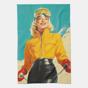 Retro Skiing Glamour Vintage Winter Adventure Kitchen Towel