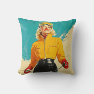 Retro Skiing Glamour Vintage Winter Adventure Throw Pillow