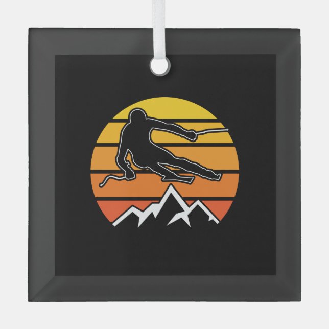 Retro Skiing Glass Ornament (Front)