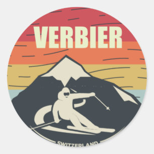 Retro Skiing Verbier Switzerland Ski Classic Round Sticker
