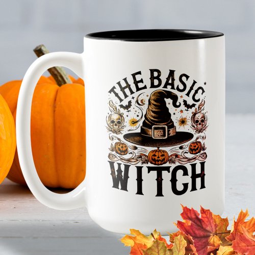 Retro Skull Black Bats Spider Halloween Witch Hat Two_Tone Coffee Mug