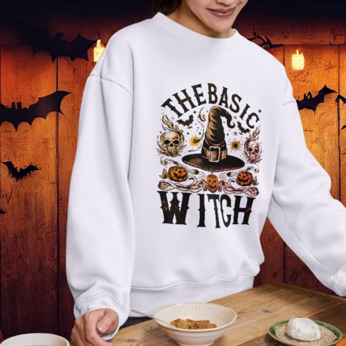 Retro Skull Black Hat Bats Halloween Witch Womens Sweatshirt