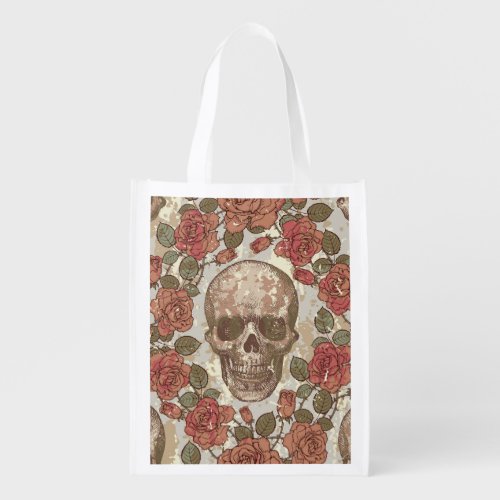 Retro Skulls and Roses Ornament Grocery Bag