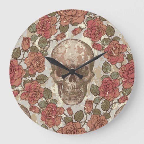 Retro Skulls and Roses Ornament Large Clock