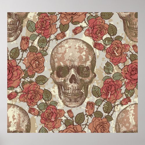 Retro Skulls and Roses Ornament Poster