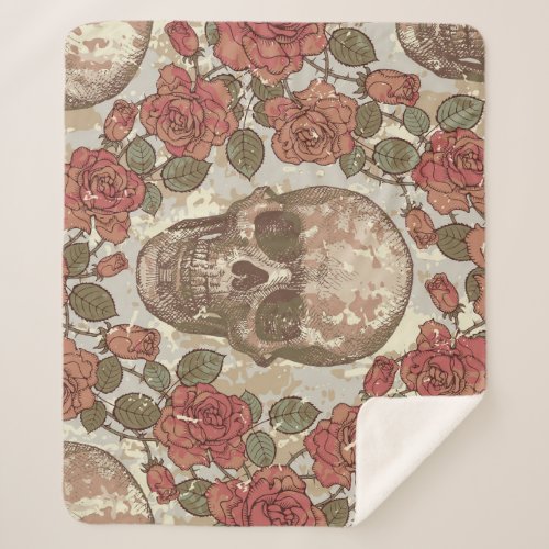 Retro Skulls and Roses Ornament Sherpa Blanket