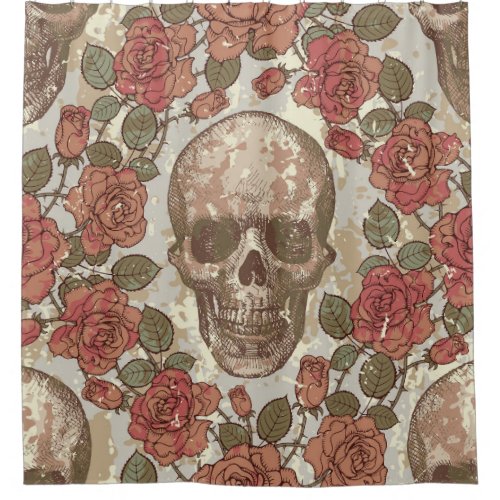 Retro Skulls and Roses Ornament Shower Curtain
