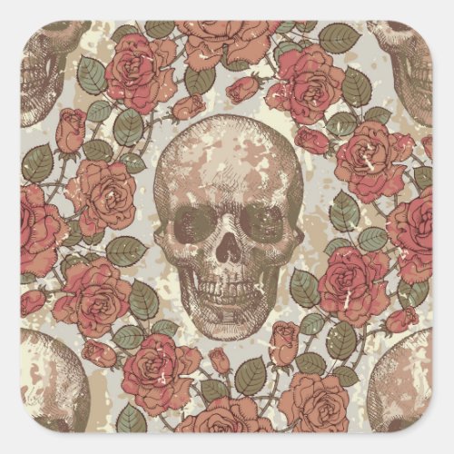 Retro Skulls and Roses Ornament Square Sticker