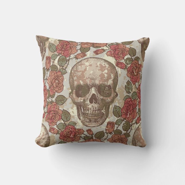 Retro Skulls and Roses Ornament Throw Pillow (Front)