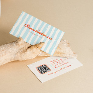 Retro Sky Blue Hand Written Drawn Stripped QR Code Business Card
