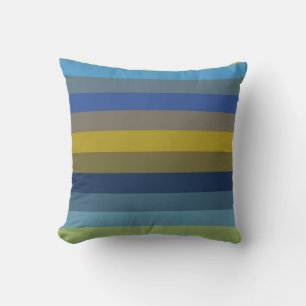 Retro Sky Blue & Mustard Horizontal Stripes Throw Pillow