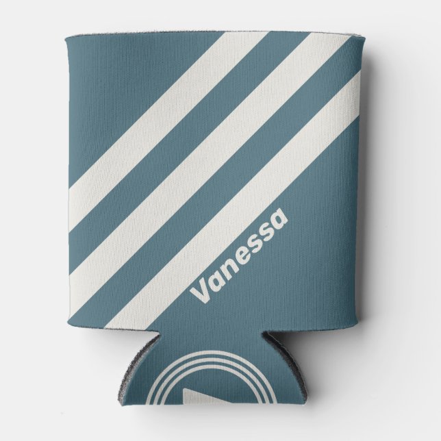 Retro Slate Gray Three Stripes with Name Can Cooler (Front)
