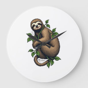 Retro Sloth Line Art Vintage Tee (4) Large Clock