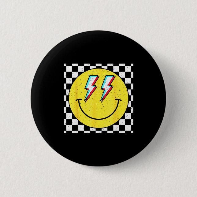 Retro Smile Face Checkered Pattern Preppy Happy Fa Button (Front)
