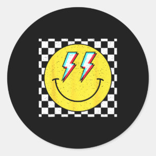 Retro Smile Face Checkered Pattern Preppy Happy Fa Classic Round Sticker
